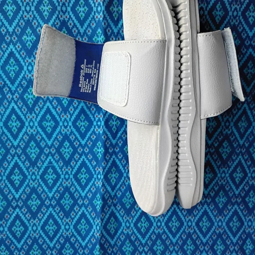 Reebok White and Blue Slides